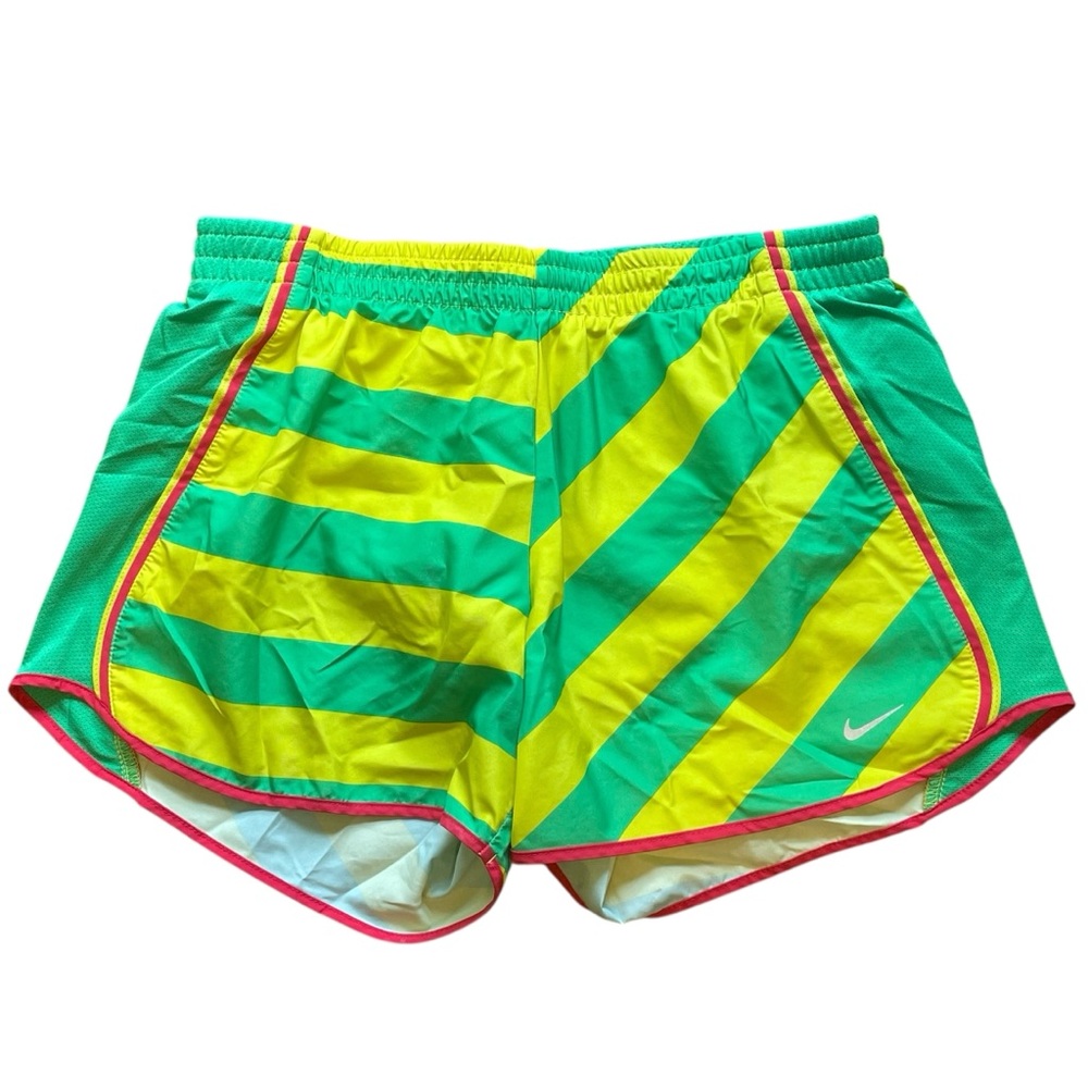 Nike Dri Fit Green Yellow Red Striped Pull On Drawstring Athletic Short Shorts